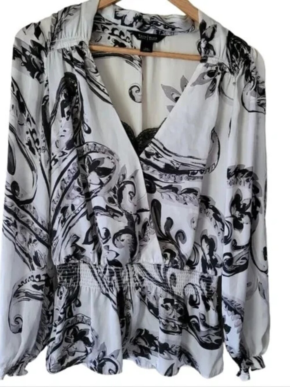 White House Black Market Blouse Top Sheer Long Sleeve Faux Wrap Smocked XS